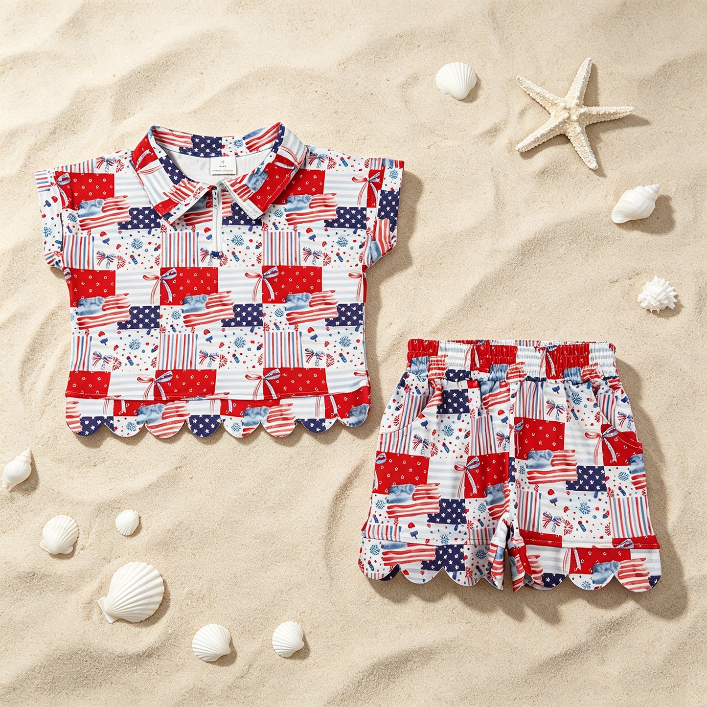 GSSO3599 RTS NO MOQ （In stock ）Flag bow scallop pullover shorts girls 4th of july outfits