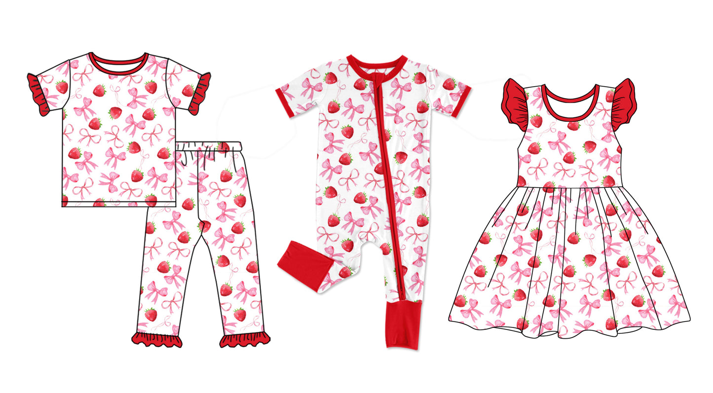 Short sleeves strawberry bow baby girls pajamas