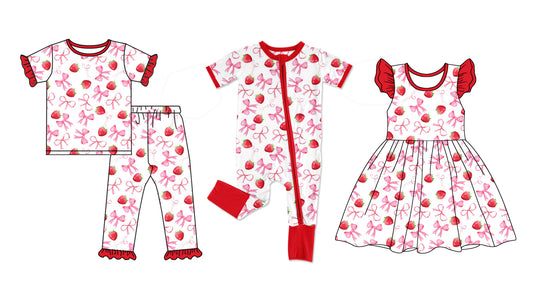 Short sleeves strawberry bow baby girls pajamas