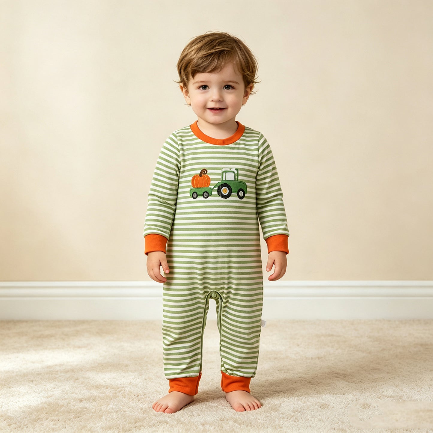 LR3036 TS NO MOQ （In stock）milk silk LR3036 Embroidery Baby Boys Farm Green Stripe Pumpkin Truck Long Sleeve Rompers