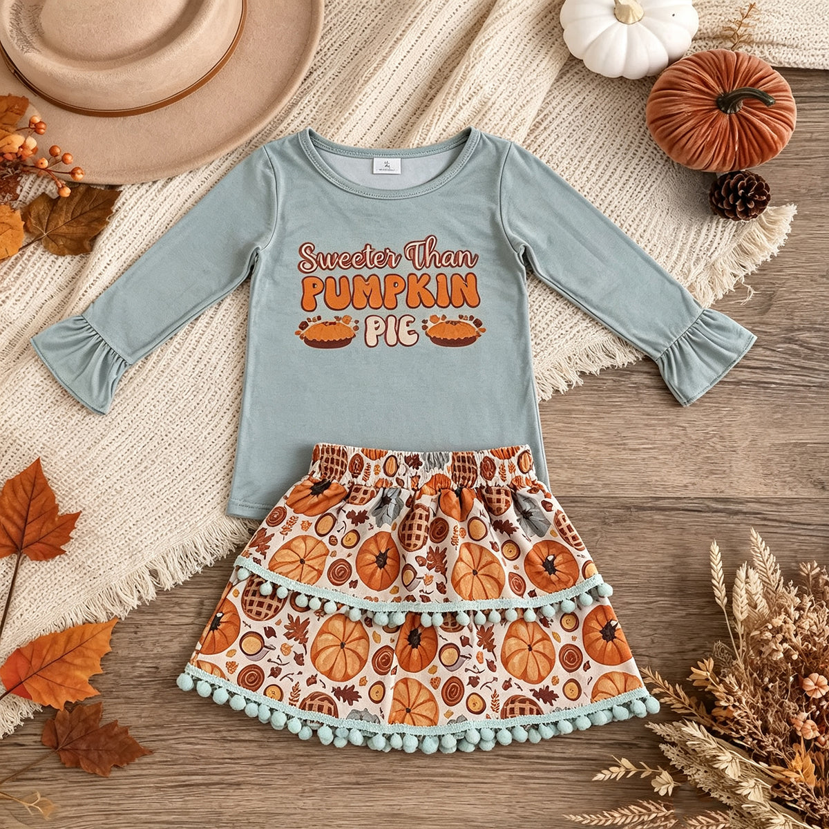 RTS NO MOQ （In stock） milk silk GLD0763 Baby Girls Long Sleeve Ruffle Top Pumpkin Pie Print Skirt Set