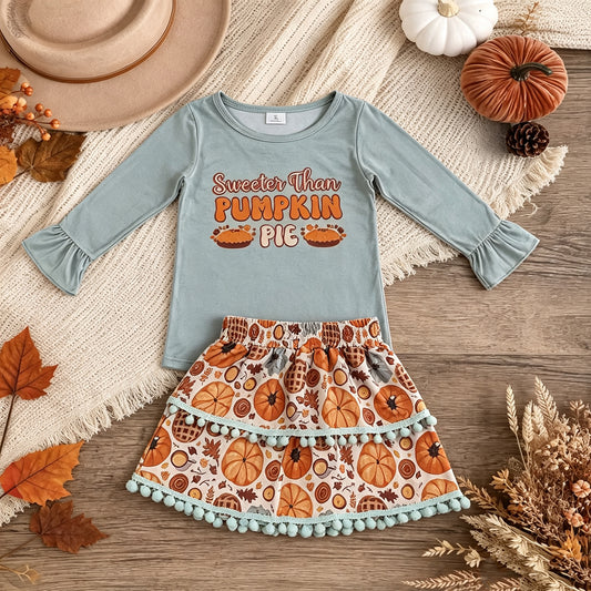 RTS NO MOQ （In stock） milk silk GLD0763 Baby Girls Long Sleeve Ruffle Top Pumpkin Pie Print Skirt Set