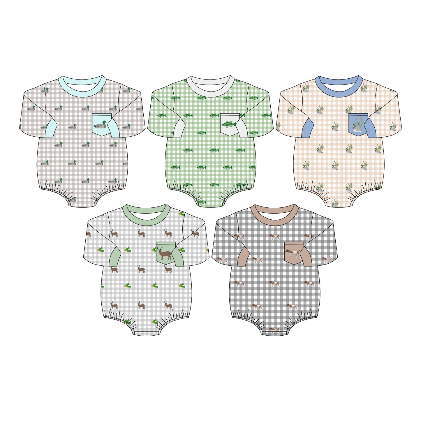 4.16 Pre Order No moq Baby Boys Long Sleeve Grey Checked Ducks Pocket Hunting Rompers
