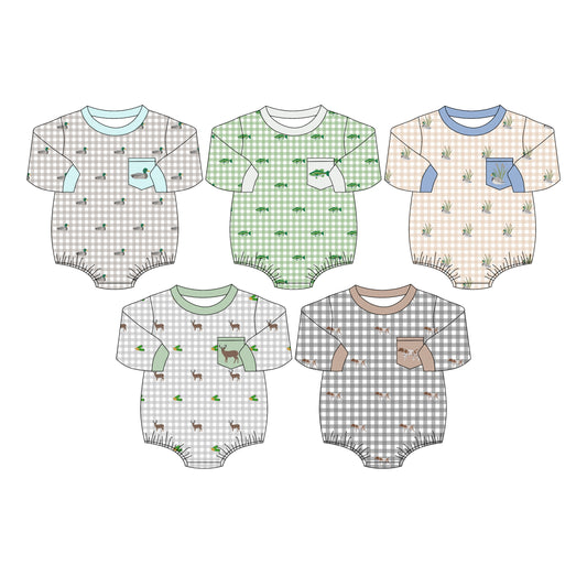 4.16 Pre Order No moq Baby Boys Long Sleeve Grey Checked Ducks Pocket Hunting Rompers