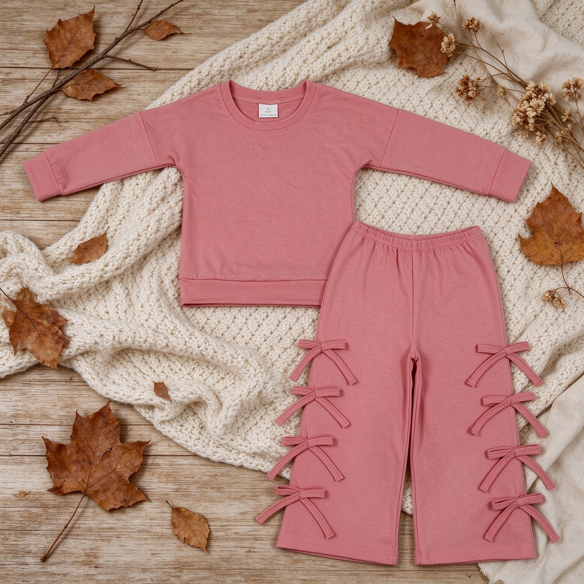 RTS NO MOQ （In stock）cotton GLP3845 Baby Girls Peach Long Sleeve Top Bows Pockets Flare Pant Casual Set