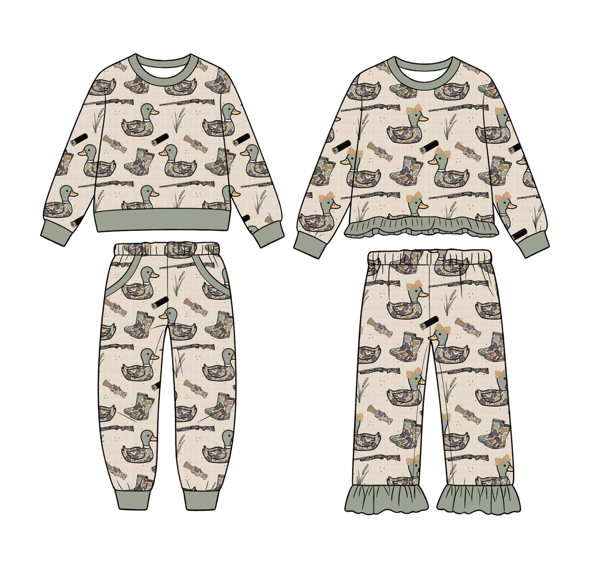 (Preorder new) No moq Baby Girls Duck Hunting Long Sleeve Top Jogger Pant Clothing Set