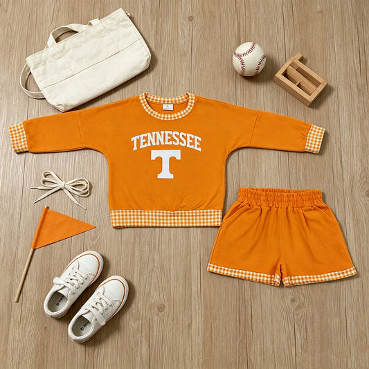RTS NO MOQ （In stock） GLS0163 Baby Girls Vinyl Tennessee Long Sleeve Top Pockets Short Team Clothes Set