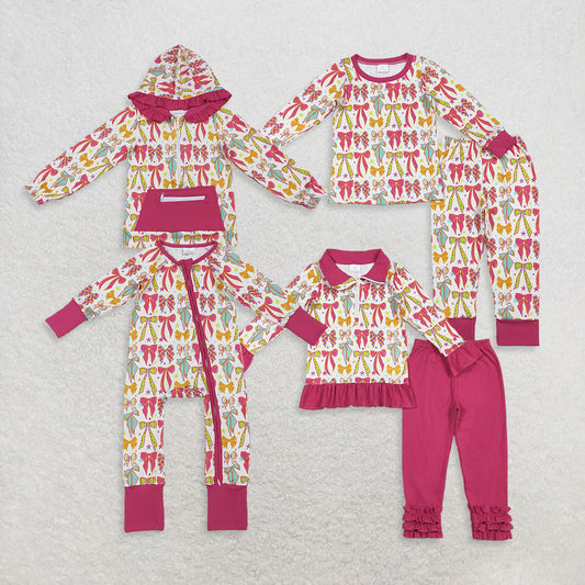 RTS Sibling Baby Girls Winter Outfits Long Sleeve Pajamas Colorful Bow Top Pants Set Comfortable Sleepwear for Children