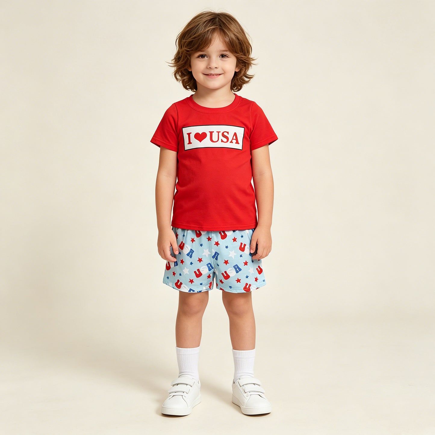 BSSO2011 RTS NO MOQ （In stock ）Short sleeves I love USA top shorts boys 4th of july outfit