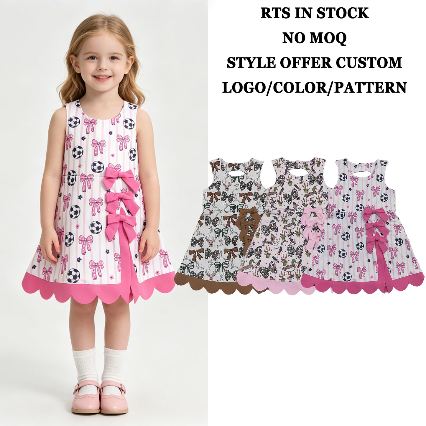 RTS NO MOQ Sibling Yoga Baby Girls Camo Bow Print Scallop Knee Length Yoga Active Dres