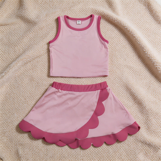 GSD4019 RTS NO MOQ （In stock）Sleeveless pink hot pink scallop kids girls active wear set