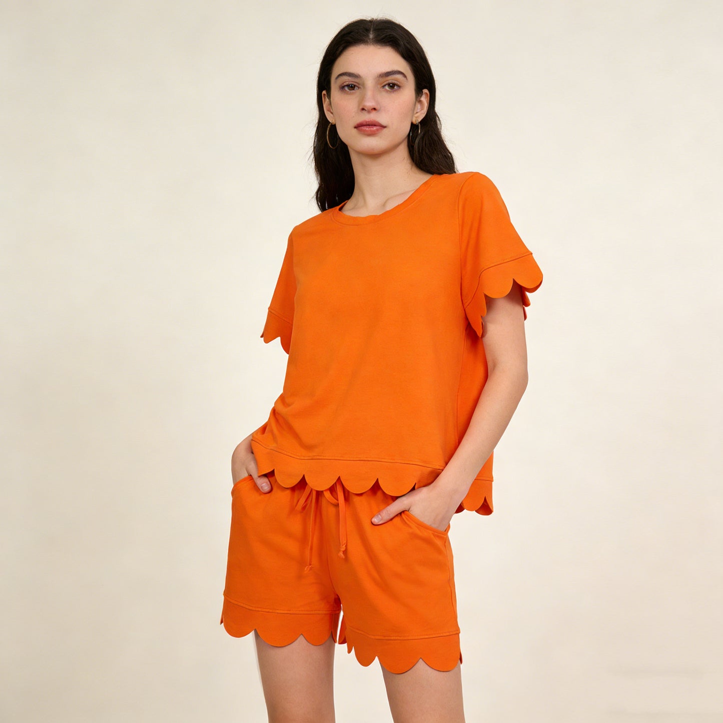 4.8 GSSO3206 RTS NO MOQ （In stock）Orange scallop top shorts adult women summer outfits