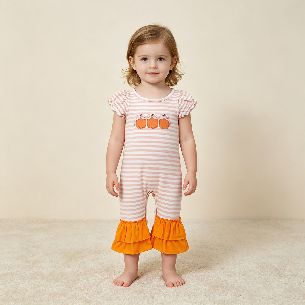 RTS NO MOQ （In stock）milk silk SR4284 Embroidery Bows Pumpkins Baby Girls Orange Stripe Fall Ruffle Pant Rompers