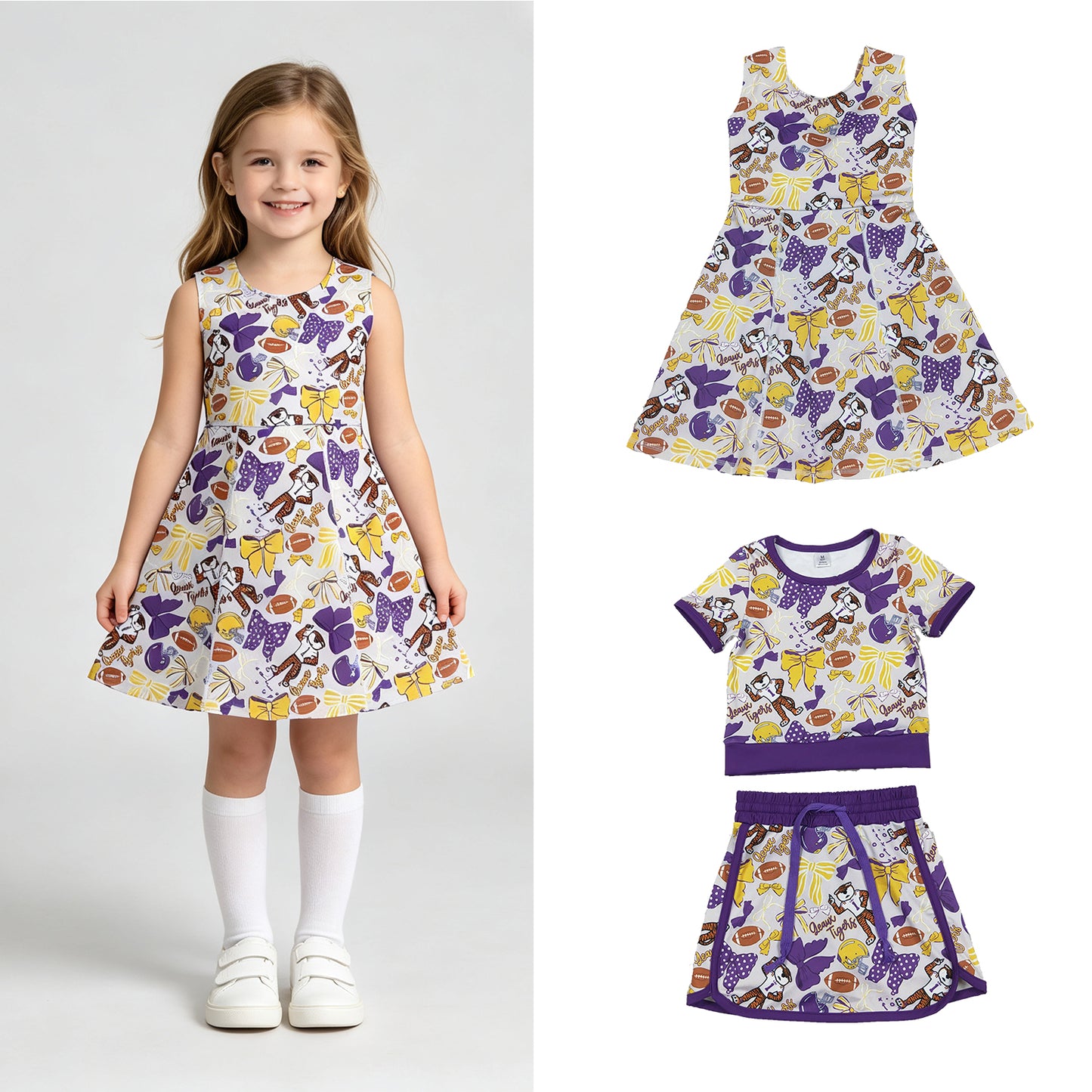 RTS Sibling yoga fabric Baby Girls Bow Football Print Short Sleeve Top Skort  Summer Team Yoga Active Outfit Set Shorts Knee Length Dresses