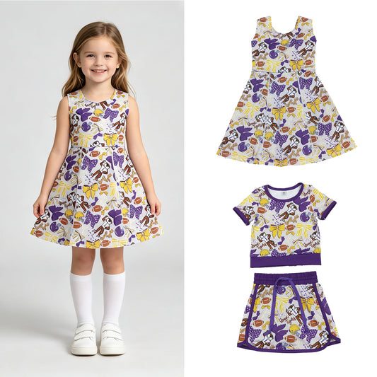 RTS Sibling yoga fabric Baby Girls Bow Football Print Short Sleeve Top Skort  Summer Team Yoga Active Outfit Set Shorts Knee Length Dresses