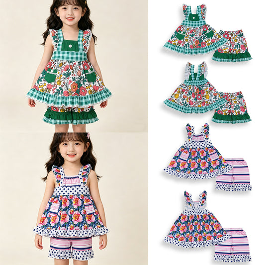 4.10 RTS Sibling Baby Girls Flutter Sleeve Flowers Pockets Tunic Ruffle Short Clothes Set