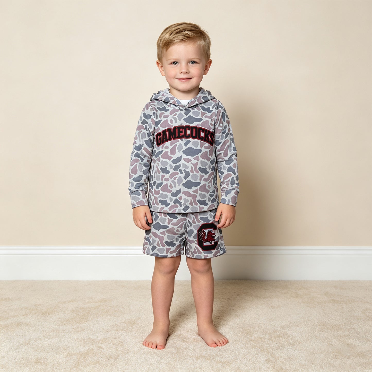 RTS NO MOQ （In stock）BLS0048 milk silk Baby Boys Grey Camo Gamecocks Long Sleeve Hoodie Short Team Clothes Set