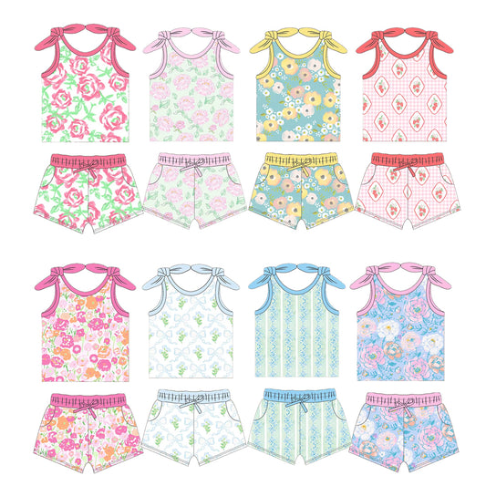 Sleeveless pink green floral top shorts girls clothes