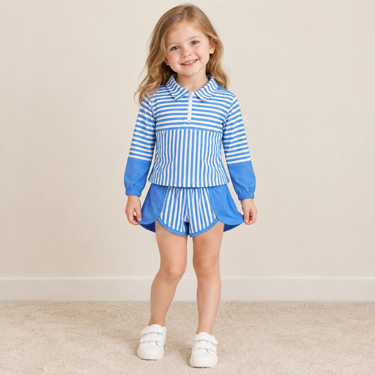 RTS NO MOQ （In stock）GLS0107(GT1716+SS0950) yoga fabric Baby Girls Hot Blue Stripe Zip Pullovers Shorts Yoga Active Clothes Sets