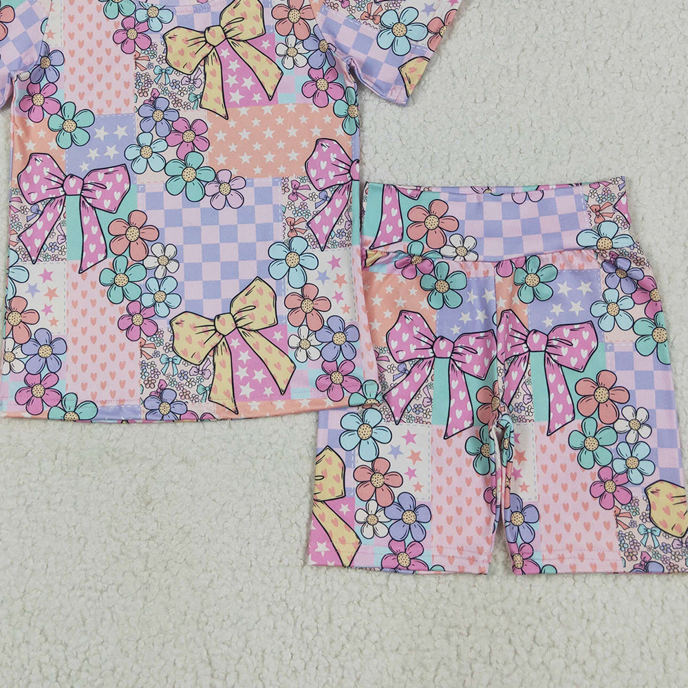 4.12 GSSO2509RTS NO MOQ Baby Girls Colorful Flower Bow Print Shorts Set