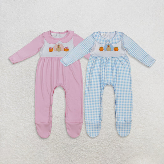 RTS Sibling Baby Girls Boys Thanksgiving Plaid Pumpkin Turkey Baby Footed Romper Baby Bodysuit for Holiday Outfit