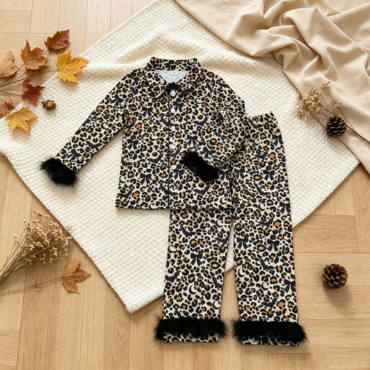 RTS NO MOQ （In stock）milk silk GLP3639 Adult Women Leopard Bats Button Top Pant Fur Sleeves Halloween Pajamas Set