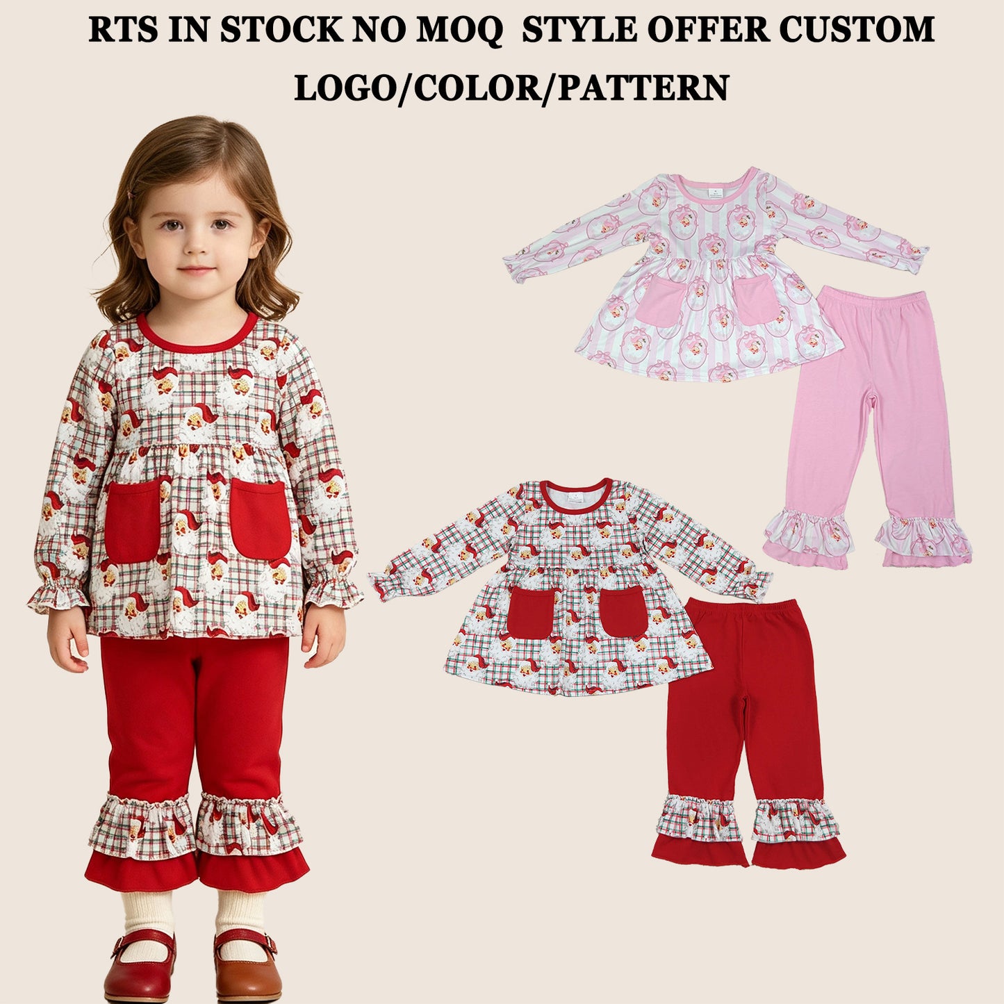 RTS NO MOQ Sibling milk silk Baby Girls Stripe Bows Santa Print Pockets Tunic Ruffle Pant Christmas Holiday Matching Outfit Clothes Sets
