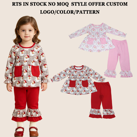 RTS NO MOQ Sibling milk silk Baby Girls Stripe Bows Santa Print Pockets Tunic Ruffle Pant Christmas Holiday Matching Outfit Clothes Sets