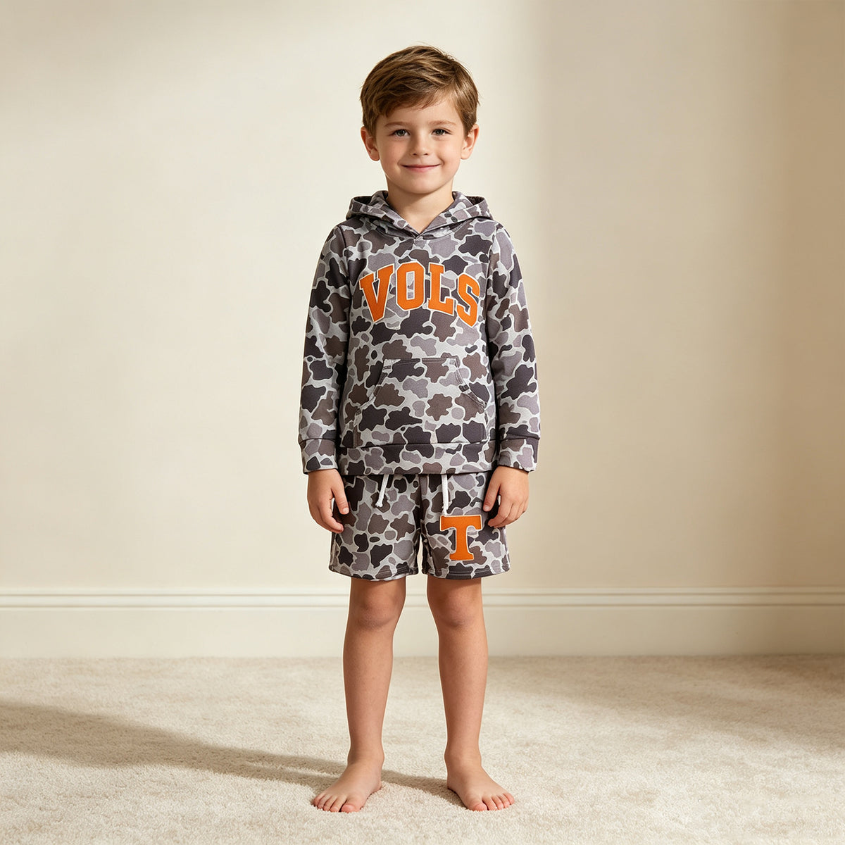 RTS NO MOQ （In stock）BLS0049 milk silk Baby Boys Camo Letter Print Long Sleeve Hoodie Tops Shorts Team Clothes Set