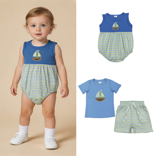 RTS Sibling Short sleeves boat embroidery top stripe shorts boys outfits and romper