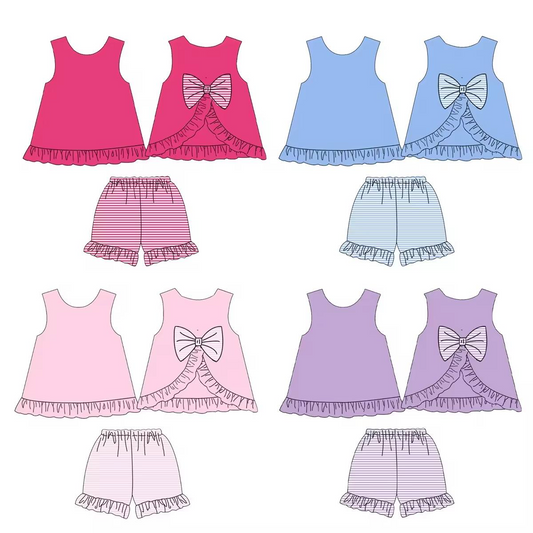 Girls Pink Sleeveless Bow Tunic Top with Stripe Shorts Set Cute Casual Outfit for Kids
