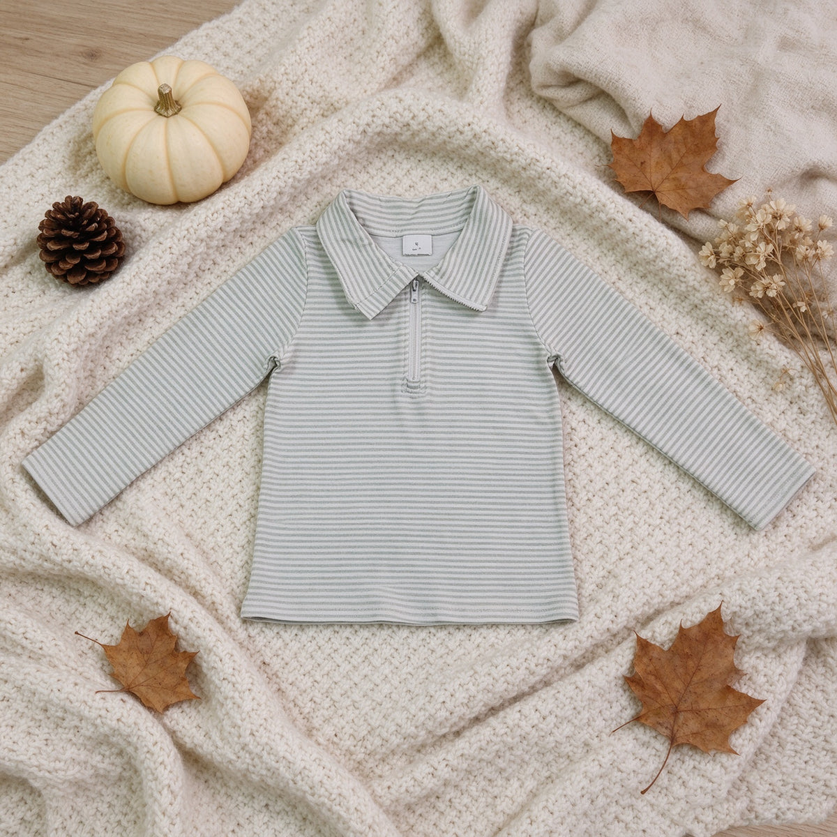 RTS NO MOQ （In stock）milk silk BT1876 Baby Boys Long Sleeve Green Stripe Zip Pullovers Top