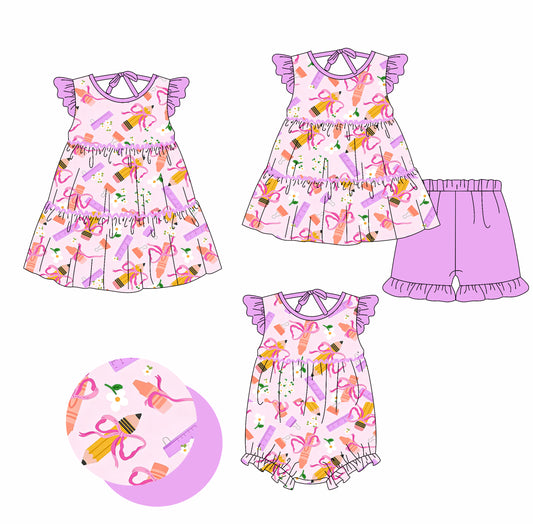 CUSTOM MOQ 5 Sibling Baby Girls Back To School Pencil Tunic Ruffle Shorts Clothes Set Knee Length Dress Rompers