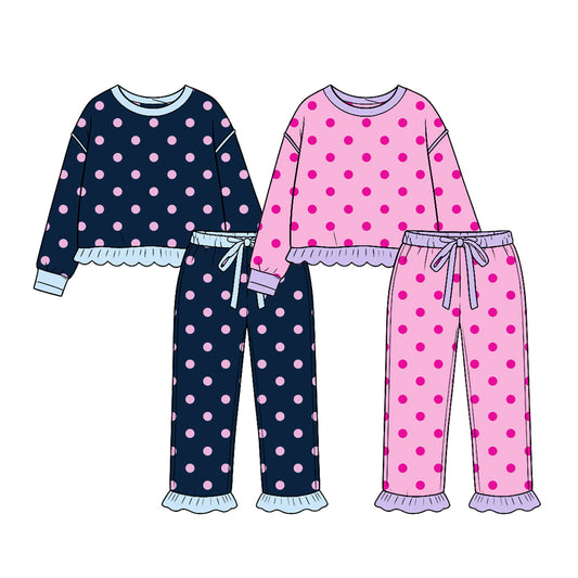 (Preorder new) No moq Toddler Girls Polka Dot Long Sleeve Ruffle Trim Top And Ruffle Hem Pant Set