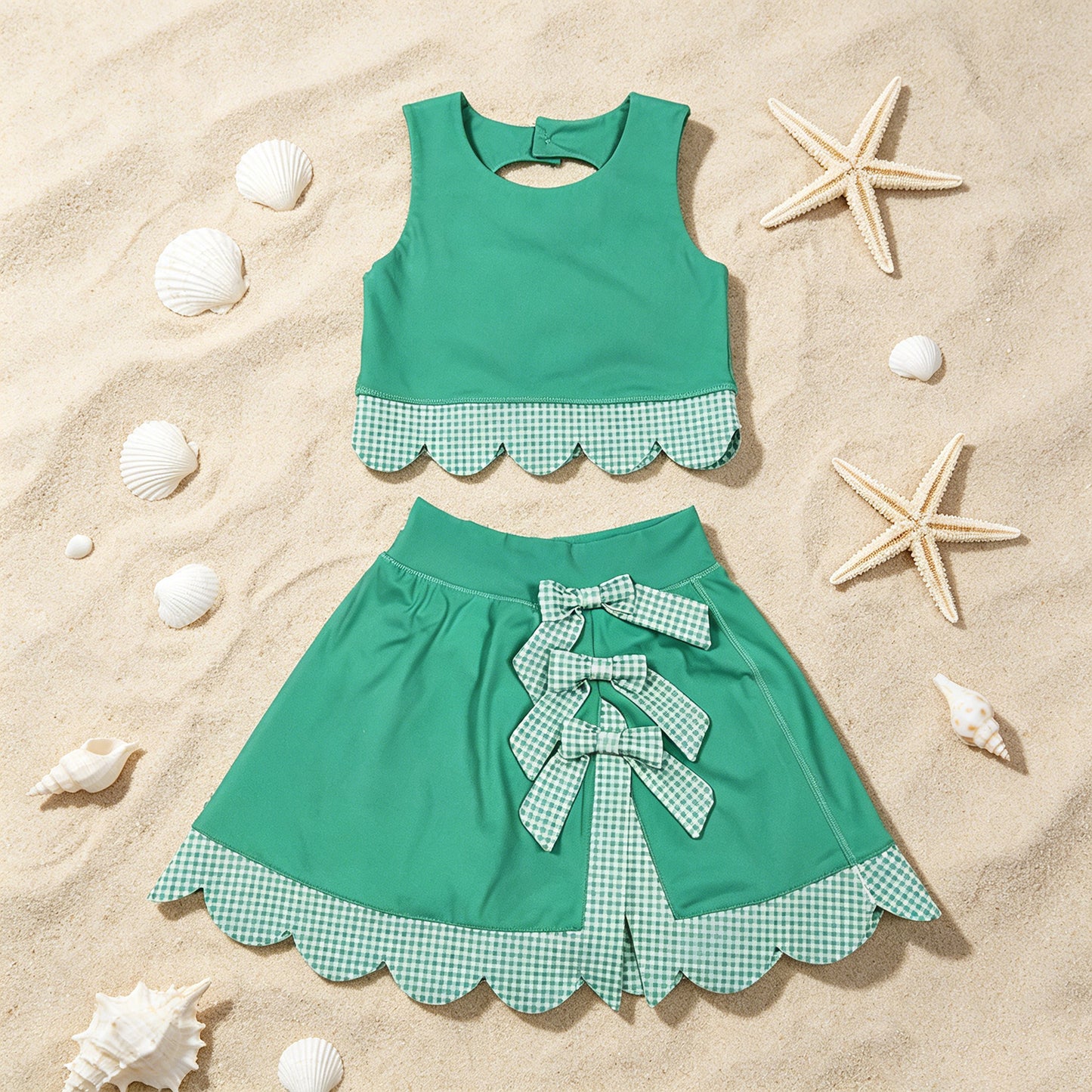 GSD3320 RTS NO MOQ （In stock ）Sleeveless green crop top plaid bow skirt kids girls active set