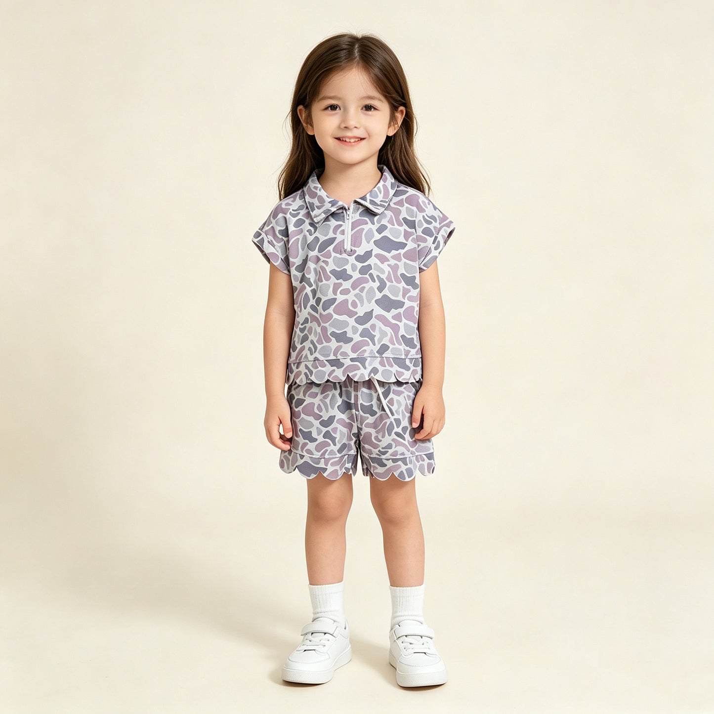 GSSO3564 RTS NO MOQ （In stock ）Short sleeves grey camo scallop pullover shorts girls outfits