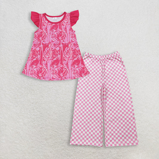 3.12 RTS NO MOQ （In stock）GT0565 + P1018 Baby Girls Pink Flutter Sleeve Tunic Tops Checked Flare Pants Bottom