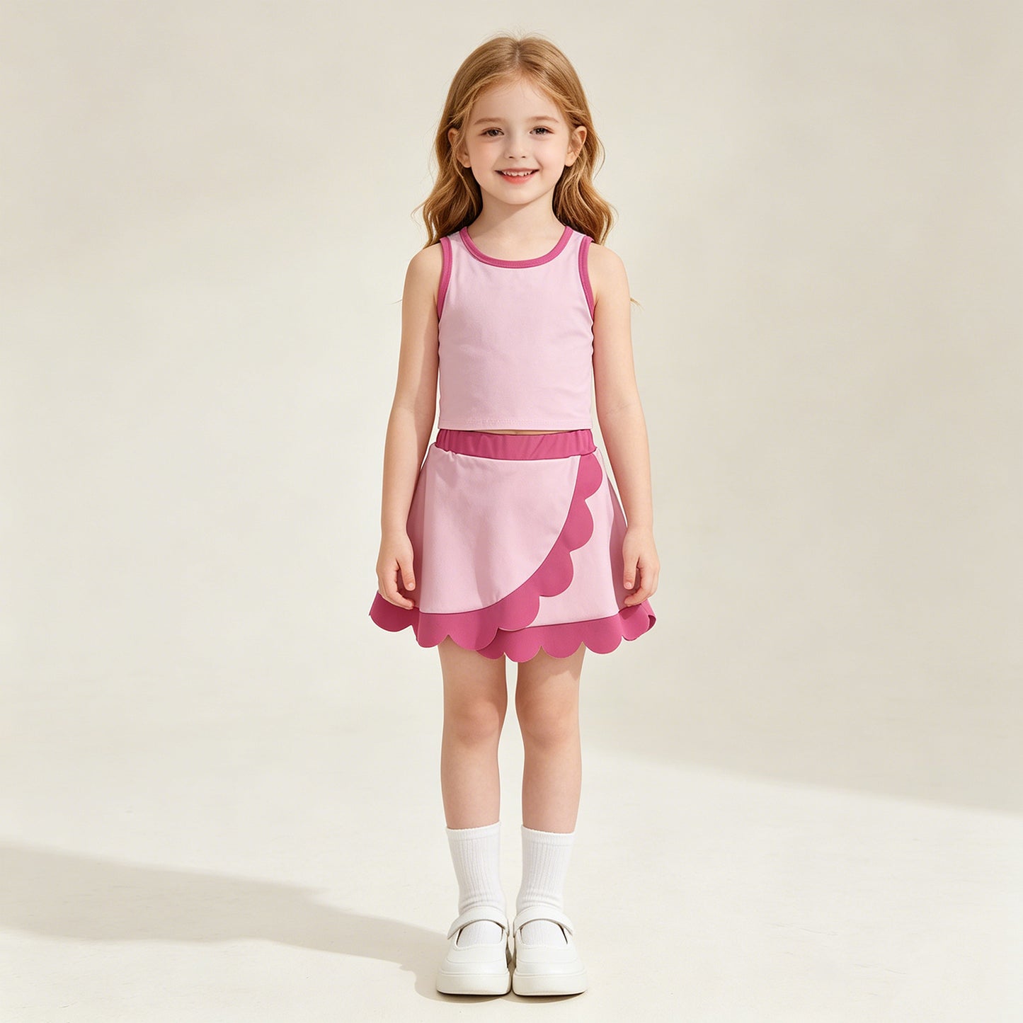 GSD4019 RTS NO MOQ （In stock）Sleeveless pink hot pink scallop kids girls active wear set