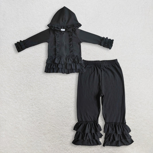 11.1 RTS NO MOQ （In stock）GT0016 + C6-12 Baby girls ruffle Black jackets cardigans cotton triple ruffle pants