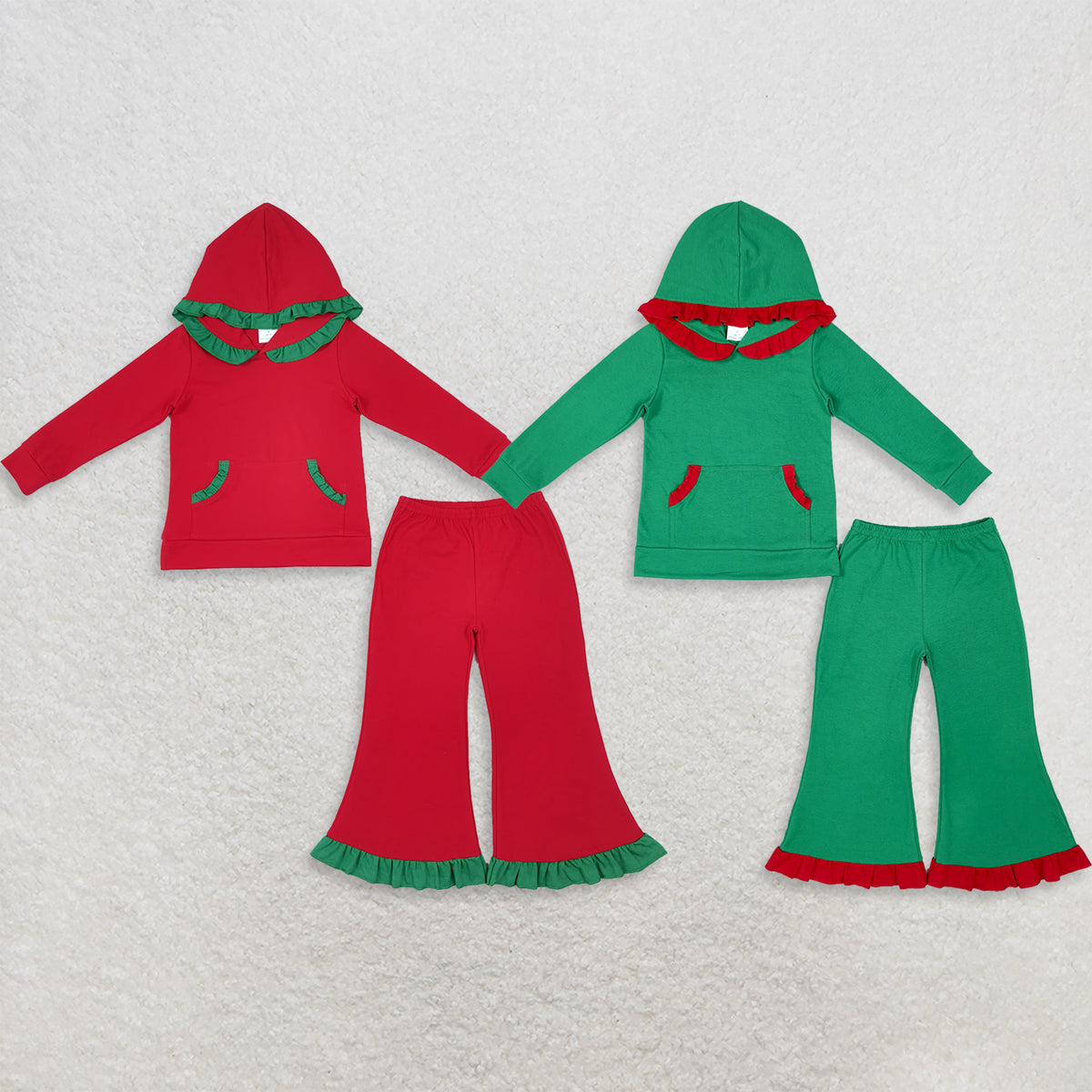 RTS NO MOQ Sibling cotton CHRISTMAS RUFFLE SETS Baby Girls Solid Long Sleeve Hooded Top Ruffle Hem Flare Pant Casual Outfit