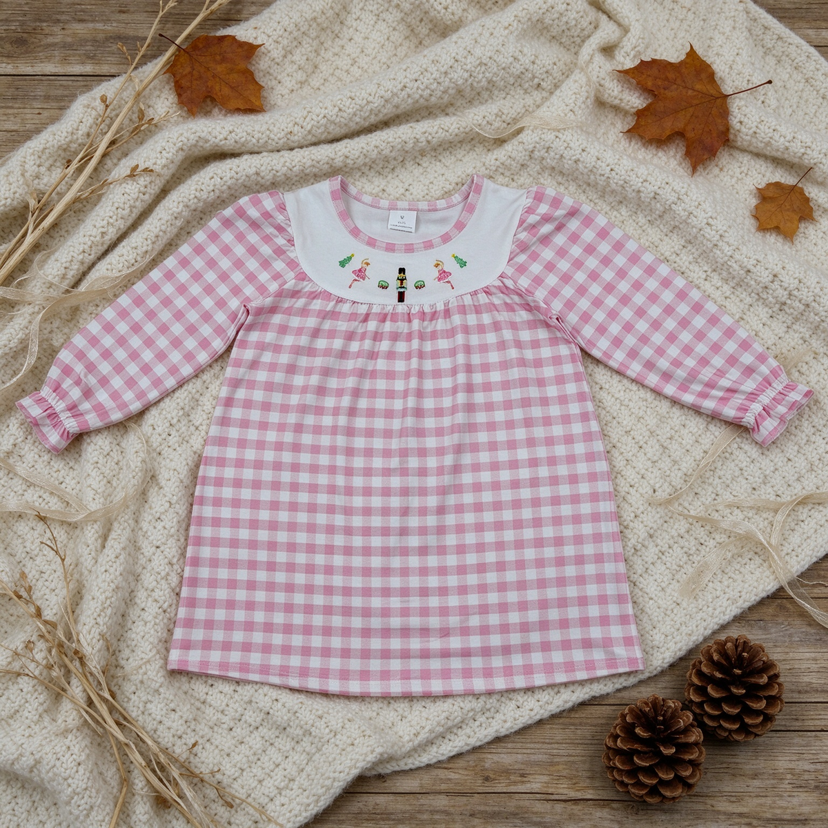 RTS NO MOQ （In stock）milk silk GLD0610 Embroidery Baby Girls Trees Print Pink Checked Knee Length Dress