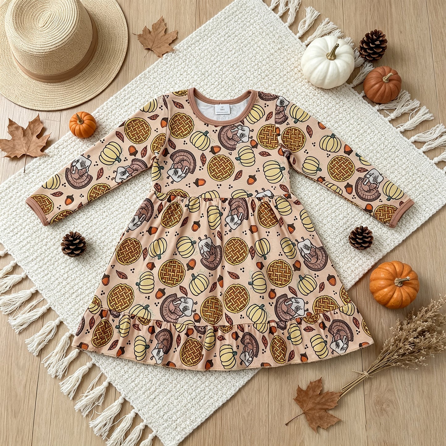 RTS NO MOQ （In stock）milk silk GLD1691 Baby Girls Pumpkins Turkey Thanksgivings Ruffle Knee Length Dress