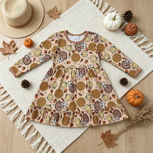 RTS NO MOQ （In stock）milk silk GLD1691 Baby Girls Pumpkins Turkey Thanksgivings Ruffle Knee Length Dress