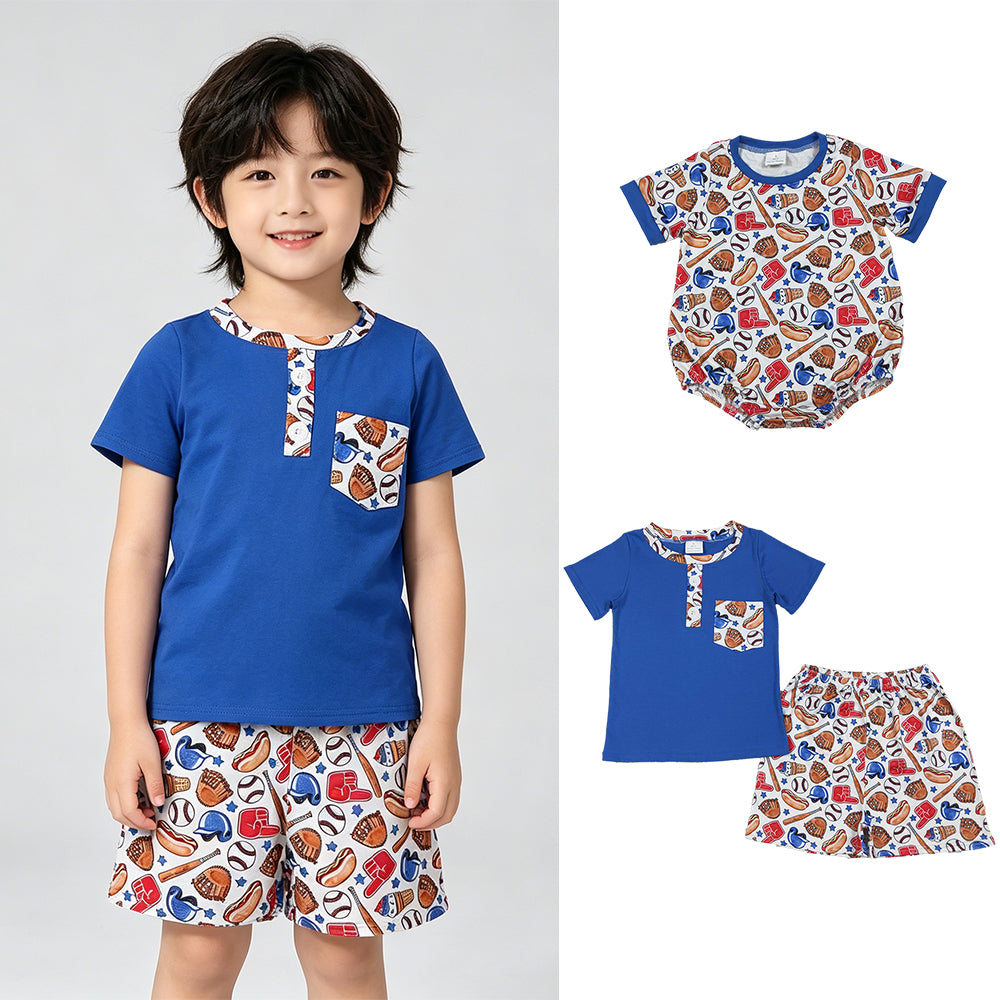 4.14 RTS Sibling Short sleeves pocket top baseball shorts kids boys outfits and romper