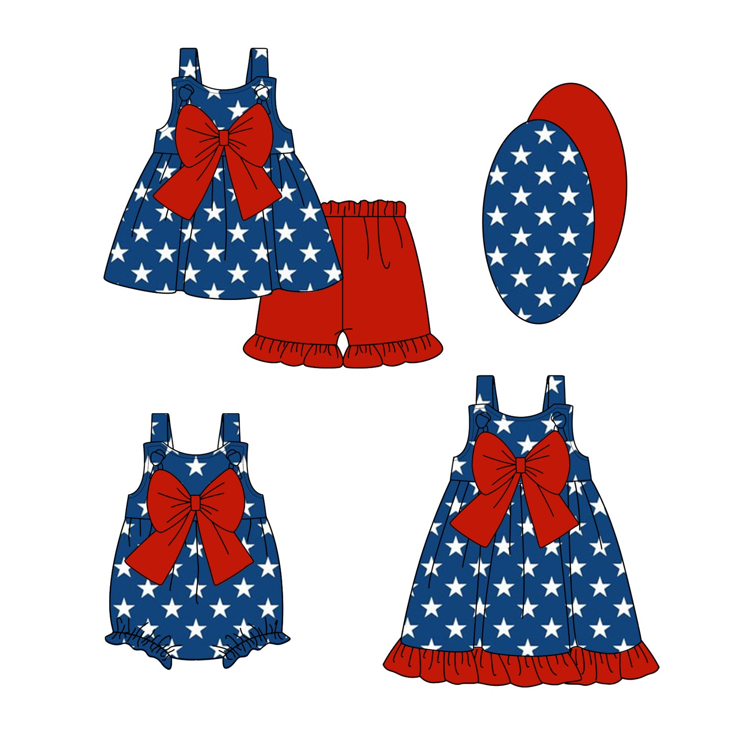 Blue stars straps bow tunic shorts girls 4th of july outfits