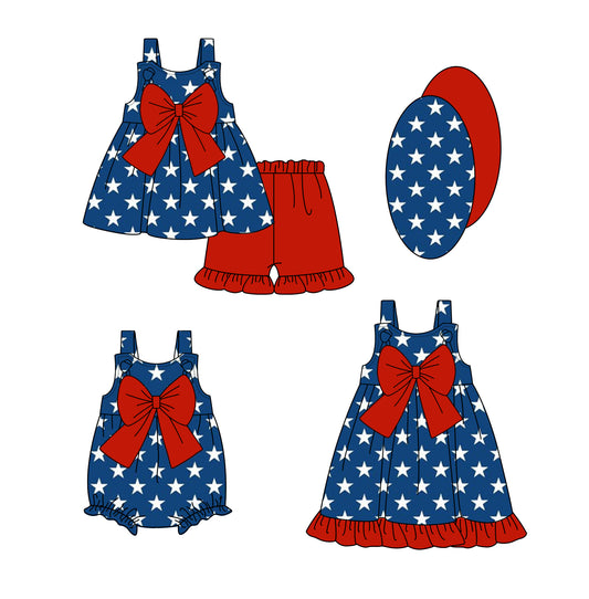 Blue stars straps bow tunic shorts girls 4th of july outfits