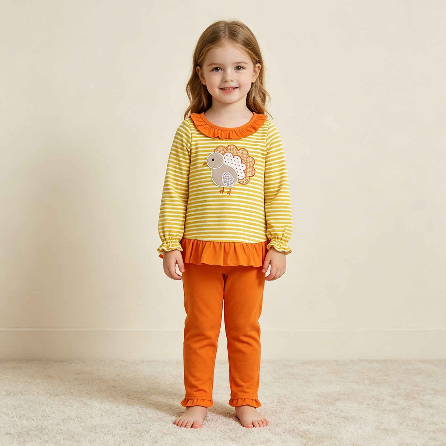 RTS NO MOQ （In stock）milk silk GLP3493 Embroidery Turkey Baby Girls Orange Stripe Tunic Leggings Thanksgivings Clothes Sets