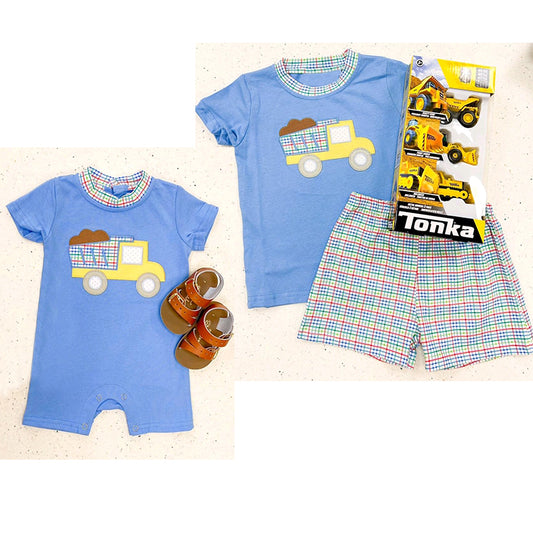 Infant Boys Blue Trucker Short Sleeve Onesie and Short Sleeve Shorts Mixed Sizes Pre-Order
