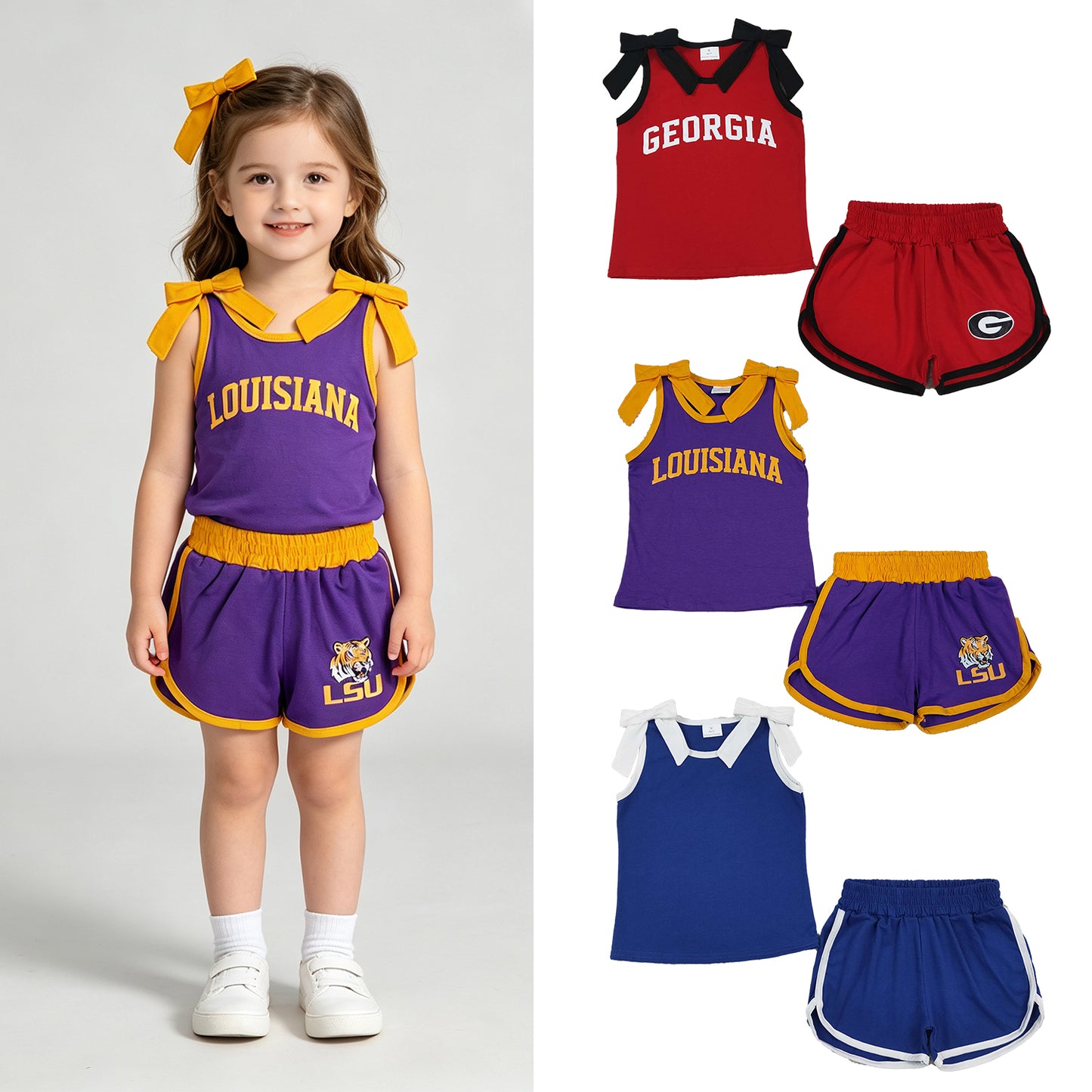 RTS Sibling Baby Girls Sleeveless bow top shorts school team print outfits