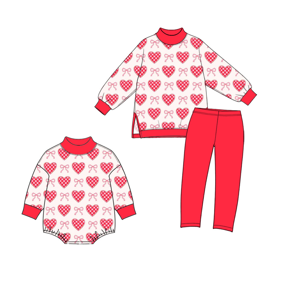 (Preorder new) No moq High Neck Baby Girls Red Heart Bow Print Long Sleeve Top Pant Yoga Set Romper